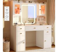Table de maquillage avec éclairage et miroir, grande coiffeuse avec tiroirs et 2 vitrines en verre RGB, table de toilette avec prise électrique, table de maquillage moderne, cadeau de Noël pour filles