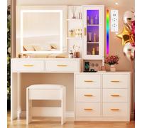 Table de maquillage avec éclairage LED et tabouret, blanche, 131 cm, 8 tiroirs, prises électriques, étagère RGB