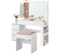 Table de maquillage avec éclairage LED, miroir et rangement à bijoux – Panneau de particules – 40 x 125 x 140 cm