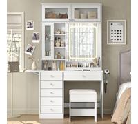 Table de maquillage avec miroir et éclairage LED, 6 tiroirs, 2 placards, prises électriques, blanche