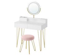 Table de maquillage avec miroir, tabouret, éclairage et multiprise | Blanc mat avec accents dorés | 80 x 40 x 134,8 cm