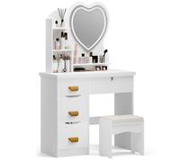 Table de Maquillage - BIPLUT - Miroir Cœur LED - Éclairage Réglable - Grand Rangement - Design Élégant - 80 x 40 x 135 cm