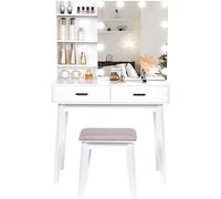 Table de maquillage de luxe avec miroir et éclairage, pour femmes et filles, avec tiroirs et espace de rangement supplémentaire – design moderne – blanche