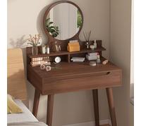Table de maquillage en noyer avec tiroir et miroir pliable, bureau d'angle compact pour petits espaces, station de maquillage élégante, parfaite pour chambre à coucher et dressing