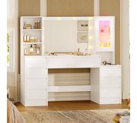 Table de maquillage LED de 120 cm avec rangement à bijoux, miroir intégré, multiprises, 8 tiroirs, étagères réglables, éclairage LED dimmable et espace de rangement en bas