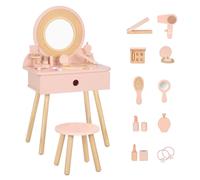 Table de maquillage pour enfants avec tabouret et miroir, en bois, de couleur rose