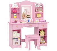 Table de maquillage pour enfants - Coiffeuse princesse avec miroir et tabouret - Bois - Éclairage LED - 5 tiroirs, 10 compartiments - 95x34x118 cm - Rose