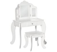 Table de maquillage pour enfants - Ensemble table de toilette avec miroir - Miroir triple - Tabouret assorti - 1 tiroir - Bois - 63 x 40 x 85,5 cm - Blanc