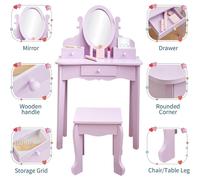 Table de maquillage pour enfants, idéale pour les filles, avec miroir, tabouret inclus, tiroir et boîtes de rangement. Convient aux enfants de 3 à 6 ans. Structure en bois, couleur lilas