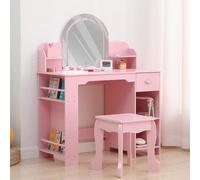Table de maquillage pour enfants - Table de jeu en forme de toilette avec miroir LED - En bois - Livrée avec un tabouret, des tiroirs et une étagère - Idéale pour les jeux de rôle dans une chambre de