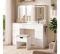 Table de maquillage spacieuse avec miroir LED réglable en température de couleur, 7 tiroirs, prise électrique intégrée, incluant un tabouret, dimensions 115x40x139 cm, blanc