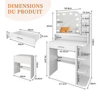 Table de maquillage - Table de coiffure avec grand miroir LED - 1 tiroir - Armoire - Étagères ouvertes - Crochets - Blanc