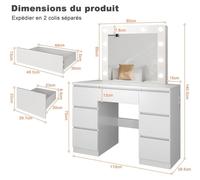 Table de maquillage - Table de coiffure avec miroir LED - 3 modes d'éclairage - 8 tiroirs - Prise électrique - Support pour sèche-cheveux - Blanc