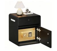 Table de Nuit avec Coffre-Fort Intégré Bois Massif Finition en Similicuir | Table de Chevet Avec Serrure À Empreinte Digitale Tiroir Port de Charge USB pour Chambre, Salon, Bureau(Black,35x40x47cm)