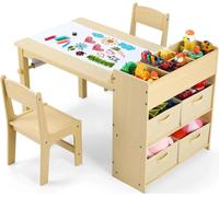 Table de peinture pour enfants avec 2 chaises - Table de bricolage & d'activités en bois - Avec espace de rangement : étagères, tiroirs, corbeilles en tissu, rouleau de papier - 103 x 56 x 64 cm - Boi