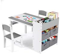 Table de peinture pour enfants avec 2 chaises - Table rectangulaire - Etagères de rangement - Boîtes en tissu - Rouleau de papier - 103×56×64 cm - Bois - Gris clair