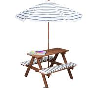 Table de pique-nique en bois à partir de 2 ans avec parasol et coussin d'assise - 75 x 75 cm - Salon de jardin pour enfants, durable, pour l'extérieur, résistant jusqu'à 80 kg