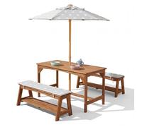 roba Ensemble de sièges pour enfants Outdoor+ avec 1 table, 2 bancs, Little Stars parasol & coussins d'assise, bois massif teck
