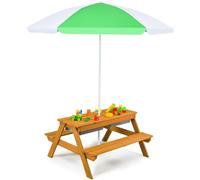 Table de pique-nique extérieure 3 en 1, table d'eau et de sable avec boîtes de jeux et parapluie naturel et blanc