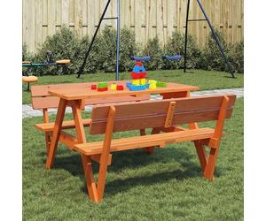 Table de pique-nique pour 4 enfants avec trou pour parasol, en bois massif de sapin, comprenant 2 bancs, dimensions : 90 x 108 x 54 cm. Table d'extérieur pour terrasse ou jardin, avec banc intégré, id