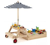 Table de pique-nique pour enfants COSTWAY avec bac à sable et parasol, ensemble de sièges pour enfants avec plateau amovible et 2 coffres de rangement, mobilier de jardin d'extérieur, bac à sable