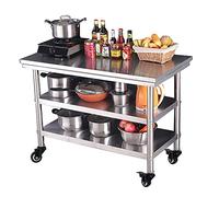 Table de préparation de cuisine commerciale, établi à 3 niveaux en acier inoxydable avec 4 roues, table de travail de restauration pour la préparation des aliments et la station de cuisson