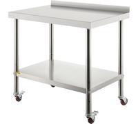Table de préparation en acier inoxydable, 91 x 61 x 89 cm, capacité de charge de 200 kg. Table de travail métallique robuste avec dosseret, tablette inférieure réglable et 4 roulettes. Poste de travai