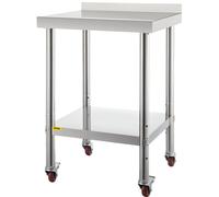 Table de préparation en acier inoxydable VEVOR, 24 x 24 x 35 pouces, capacité de charge de 440 livres, table de travail métallique robuste avec panneau arrière réglable et 4 roulettes, poste de travai