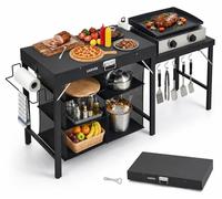 Table de préparation pour barbecue d'extérieur - Station de travail pliable pour barbecue - Hauteur : 77 cm - Structure en métal - Étagères latérales rabattables - Espace de rangement sous l'étagère -