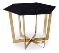 Menzzo - Table hexagonale ZADIG 120 cm - Plateau verre effet marbre noir - Pieds métal doré