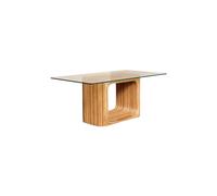 Table de repas en bois clair beige, plateau en verre, rectangulaire, 6 places - Chehoma, Arrondi - 180x100x75 cm