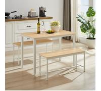 Table de salle à manger 4 personnes avec 2 bancs, gain de place, industriel, bois et acier naturel et blanc - UVRION