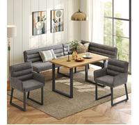 Table de Salle à Manger 4 Personnes avec Banquette d'Angle et 2 Chaises - ELVMI - Chenille Gris et Décor Bois