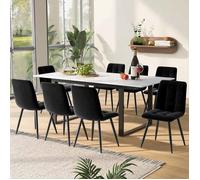 Table de Salle à Manger 8 Personnes, Extensible avec 8 Chaises Rembourrées - TCQPZ - MDF Blanc et Métal Noir