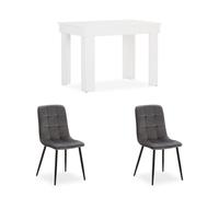 Table de salle à manger 90×60 cm blanche avec 2 chaises en velours gris