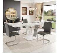 Table de salle à manger extensible 4-6 personnes avec 4 chaises, plateau MDF effet marbre, blanc - UVRION