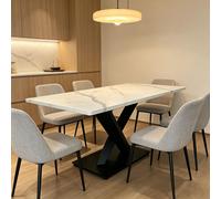 Table de salle à manger rectangulaire pour 6 personnes, table de cuisine 160 x 90 cm, aspect marbre blanc et piètement métallique noir de style industriel en X, stable et facile d'entretien