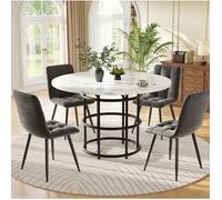 Table de salle à manger ronde 4 personnes avec 4 chaises, plateau MDF effet marbre, métal et velours noir, 100 cm - UVRION