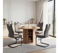 Table de salle à manger ronde avec 4 chaises en MDF de 110 cm - Table de cuisine avec base de rangement à deux niveaux et porte en forme de tonneau - Gain de place - Gris