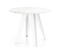Table De Salle à Manger Ronde De Style Industriel - Moderne - Extensible De 90 Cm à 130 Cm - Pieds Métalliques Blancs - Compacte - Marbre Blanc