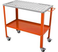 Table de soudage 36" x 18", capacité de charge de 1200 lb Table de travail en acier pour soudage sur roulettes, établi portable à 2 niveaux avec roulettes à frein, 4 emplacements pour outils, trous de