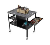 Table de soudage professionnelle, 111 x 60 cm, avec 4 roues et capacité de charge de 500 kg, en acier, avec plaque perforée et crochet à outils, pour atelier et industrie, noire