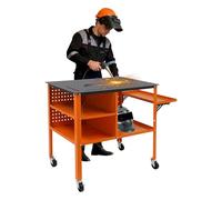 Table de soudage professionnelle - 111 x 60 cm - Avec 4 roulettes et capacité de charge de 500 kg - En acier - Avec plaque perforée et crochet à outils - Pour atelier et industrie (orange)