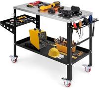 Table de soudure mobile, 92 x 46 cm, avec surface de travail percée de trous de 1,6 cm, support d'outils, étagère, 8 fentes pour outils et 2 supports pour torches de soudure. Table de travail sur roul