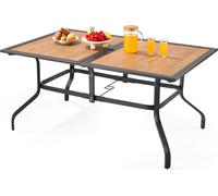 VEVOR Table à manger pour patio extérieur, 1505 mm, table de bistro rectangulaire en acier imitation bois, pour 4 à 6 personnes, avec trou pour parasol de 38 mm, pour jardin, véranda, marron et noir