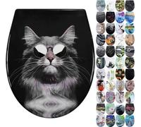 Table de toilette avec mécanisme de fermeture en douceur, couvercle en résine thermodurcissable, couvercle à fermeture rapide, montage en saillie, table avec motif (Cool Cat)