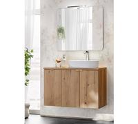 Table de toilette avec miroir 'Skelbolu' 3 portes avec lavabo en céramique et lampe LED aspect chêne