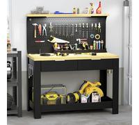 Table de travail avec éclairage LED et prise électrique, table d'atelier avec 2 tiroirs, panneau arrière perforé et TROIS compartiments de rangement. Table multifonctionnelle pour atelier ou garage, c