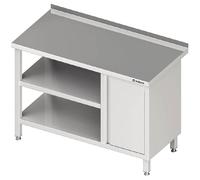 Table de travail avec étagère de base et étagère intermédiaire, 1500x600x850 mm, avec armoire à portes battantes à droite, sans rebord, soudée