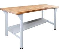 Table de travail avec étagère de rangement | Capacité de charge : 500 kg | Dimensions (H x L x P) : 85 x 150 x 75 cm | Gris clair | Plan de travail en bois massif huilé, épaisseur 5 cm | Structure en 